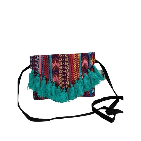 Ethnic Boho Large Clutch Suede Wristlet Bag Handmade Embroidery Tassels Indi NEW - Picture 3 of 16